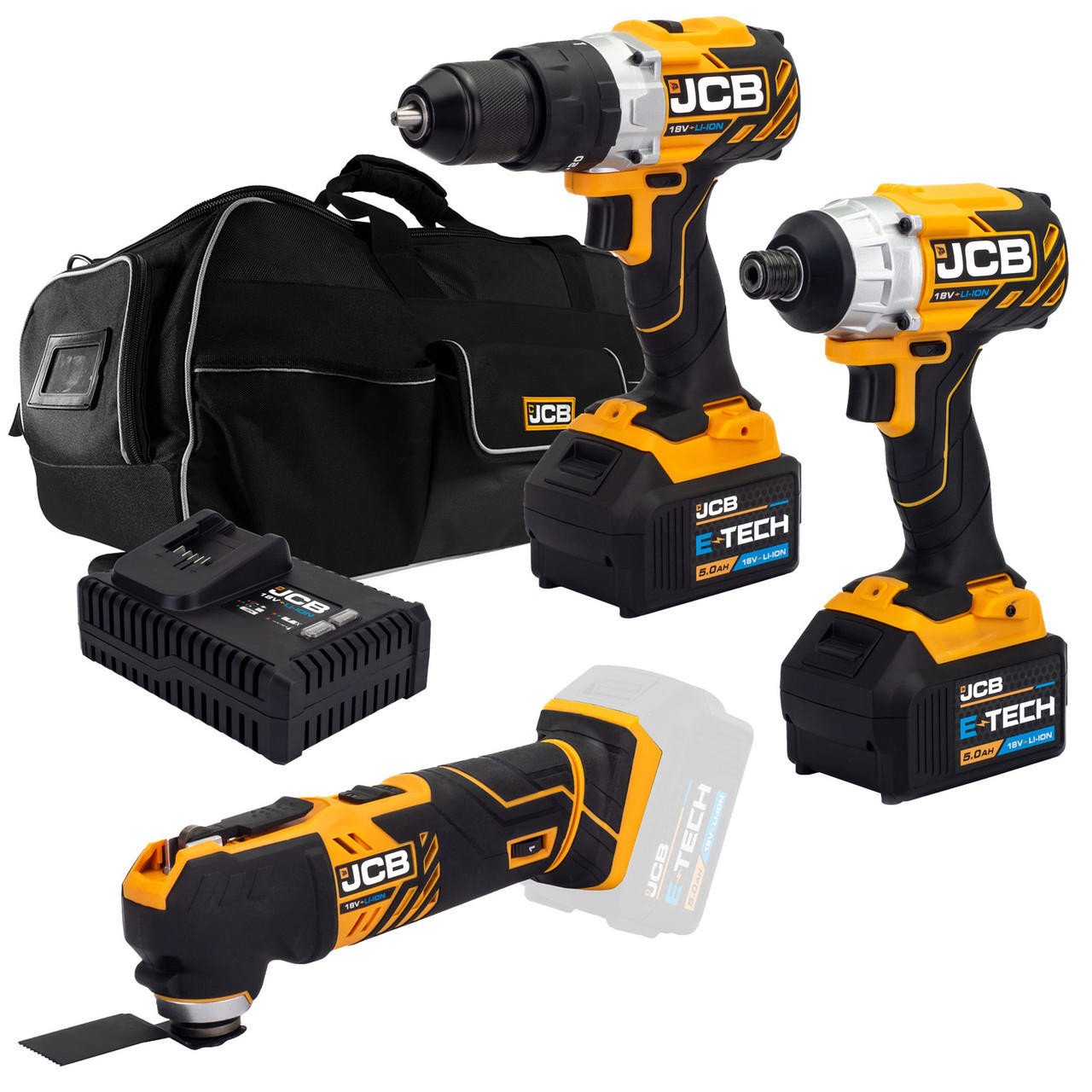 JCB 18V B/L Combi Drill B/L Impact Driver Multi Tool Kit 2x 5.0ah Lithium-Ion Batteries and super fast charger in 26" wheeled kit bag Price Comparisons | Compare The Build