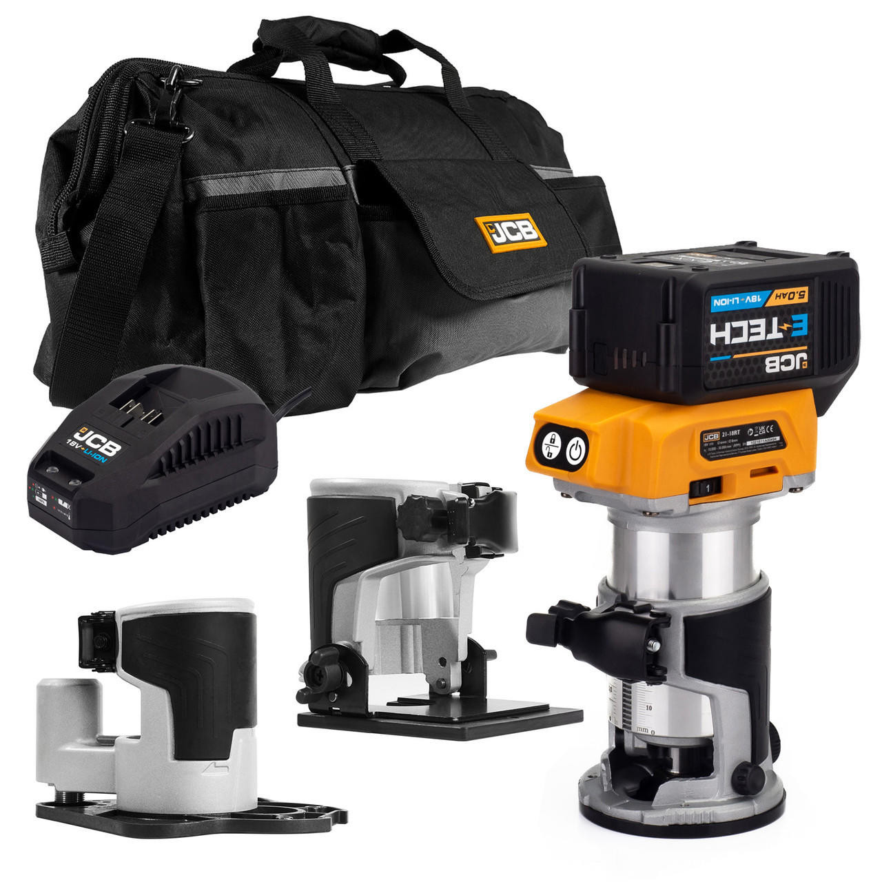 JCB 18V B/L Router with 3x bases (trimmer, offset, incline) 5.0ah Lithium-Ion battery and charger in 20" kit bag Price Comparisons | Compare The Build