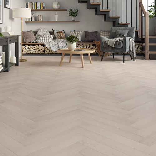 Light Grey Oak Herringbone Laminate Flooring – Modern Durable