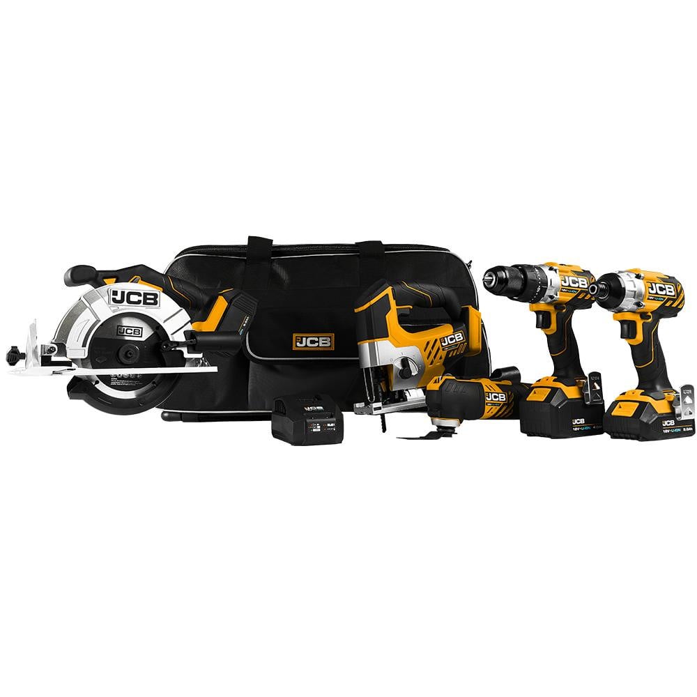 JCB 18V Cordless Power Tool Kit, Combi Drill, Impact Driver, Multi-tool, Jigsaw, 2 x 4.0Ah, 1x 2.0Ah Batteries, Charger & Bag Price Comparisons | Compare The Build